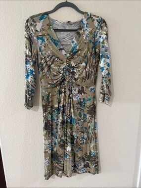 CAbi Olive Floral Ruched V-Neck Long Sleeve Dress with Blue Accents